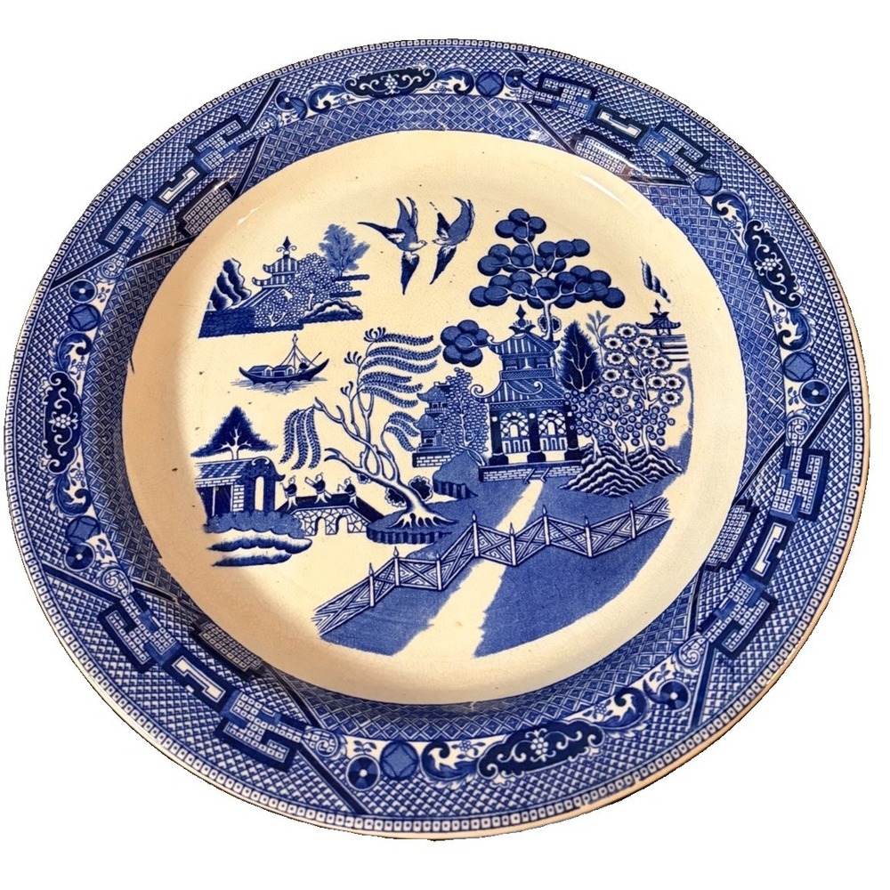 Antique 1917 Buffalo Pottery Blue Willow 13" Charger Platter Semi-Vitreous